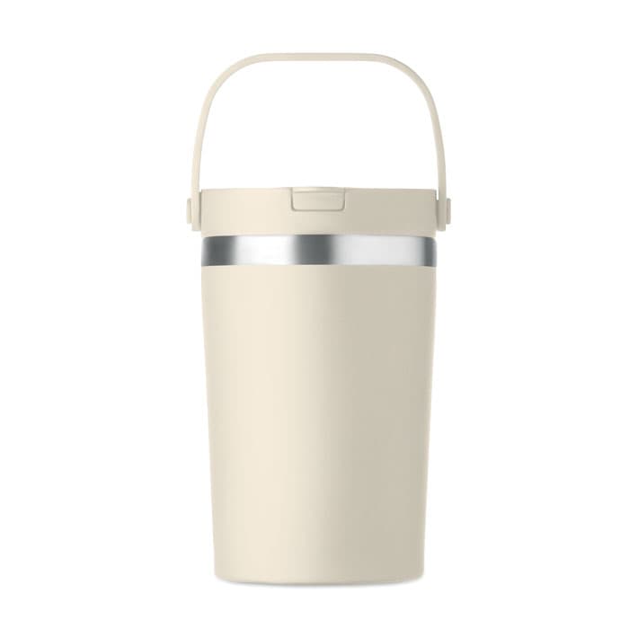 A drink bottle in a muted beige colour with a silver band and a handle, featuring a simple design.