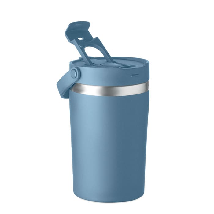 A drink bottle in a light blue colour with a silver trim and a hinged lid, featuring a logo on the side.