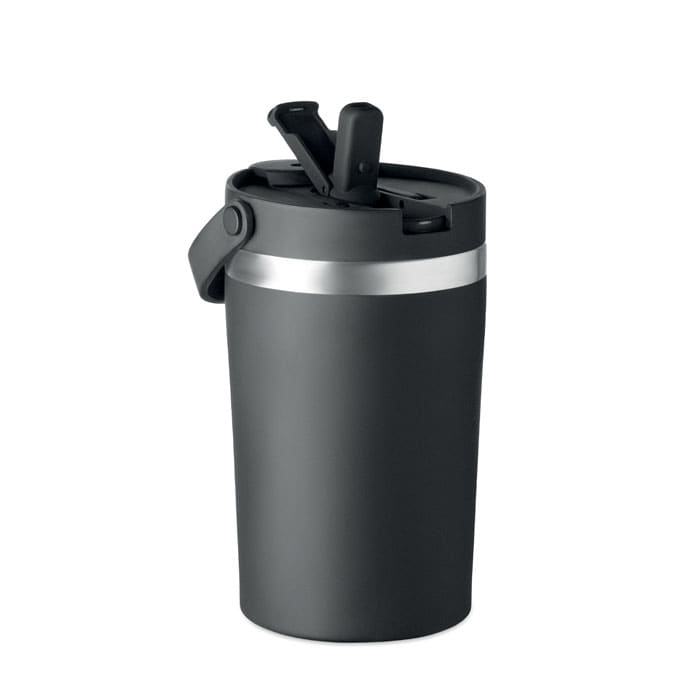 A drink bottle in matte black with a silver band and a flip-top lid. It features a logo on the side.