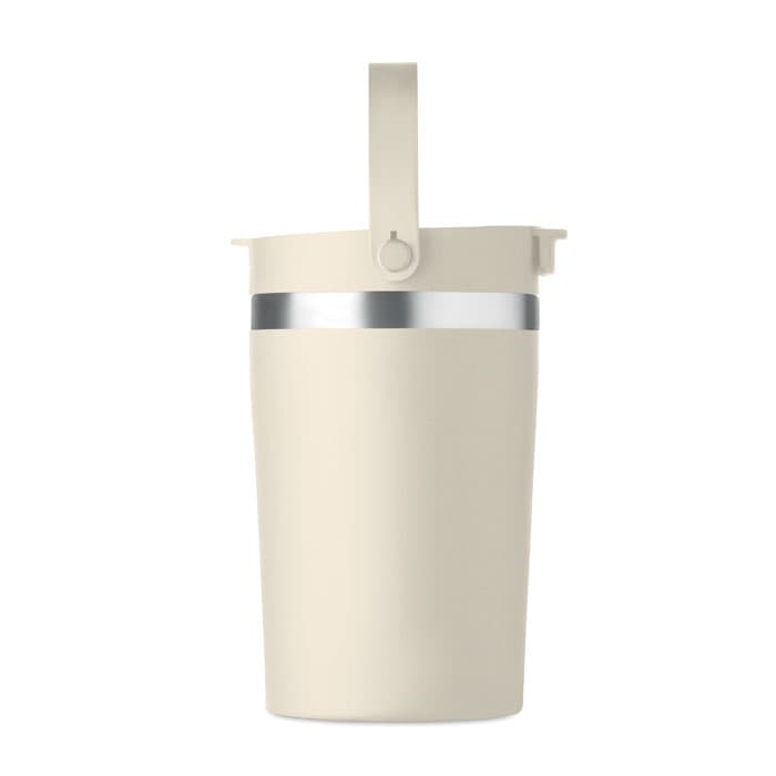 A drink bottle in pale beige with a silver accent and a handle, featuring a lid.