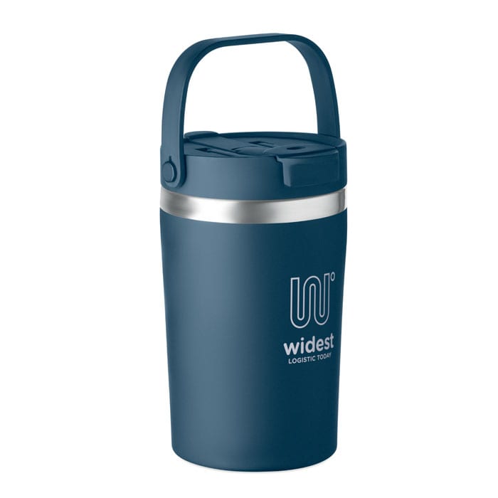 A drink bottle with a blue exterior and a silver band, featuring a handle and a logo.