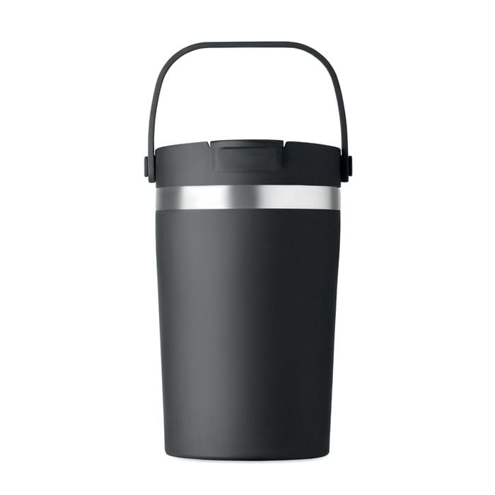 A drink bottle in matte black with a metal band and a handle for easy carrying. It features a logo on the front.