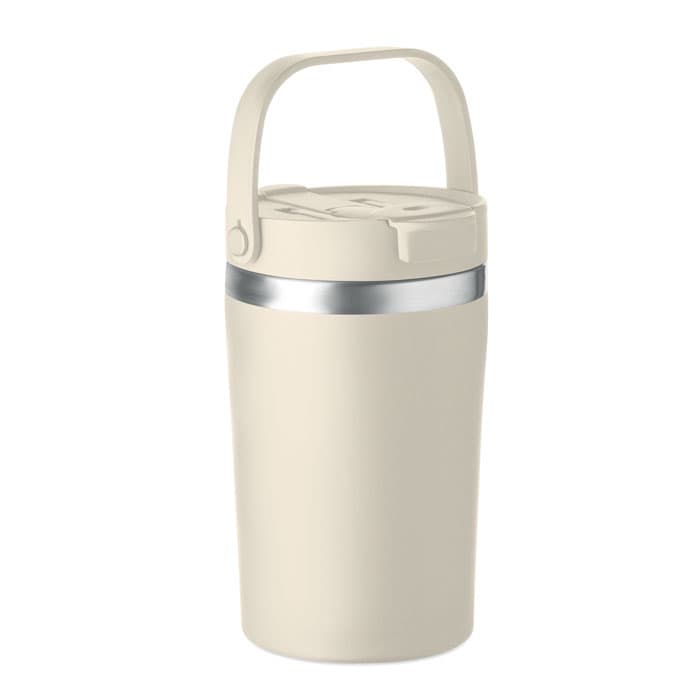 A drink bottle in a cream colour with a silver band at the top and a handle for easy carrying.