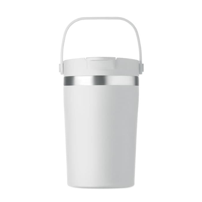 A drink bottle in white with a silver band and a handle on top. It has a simple, modern design.