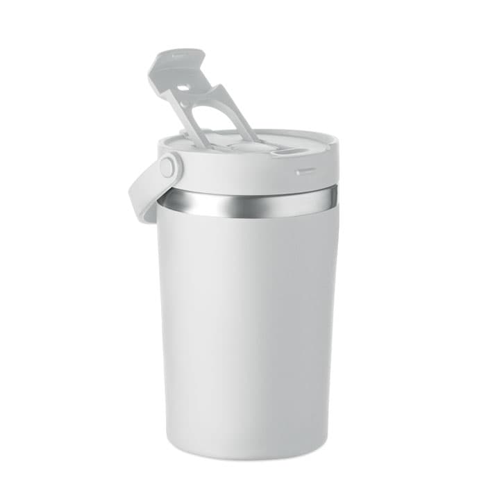 A drink bottle in matte white with a silver base and a flip-top lid, featuring a handle and a logo.