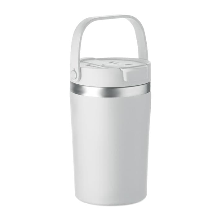 A drink bottle in white with a metal band and a secure handle for easy carrying. It features a lid with a logo.