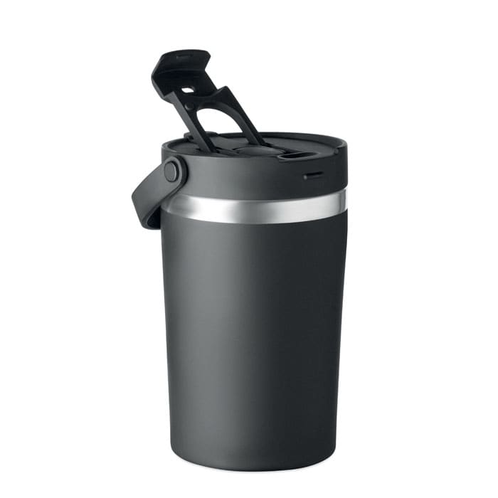 A drink bottle in matte black with a silver band and a flip-top lid, featuring a logo on the side.