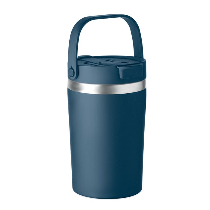 A drink bottle in a deep blue colour with a silver band and a handle, featuring a secure lid.