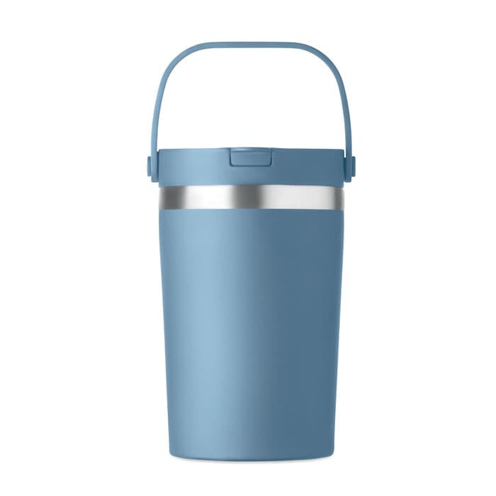 A drink bottle in light blue with a stainless steel band and a handle for easy carrying. The bottle has a logo.