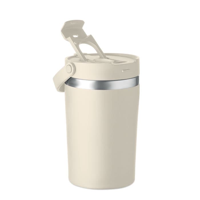 A drink bottle in a pale beige colour with a silver band and a hinged lid, featuring a logo.