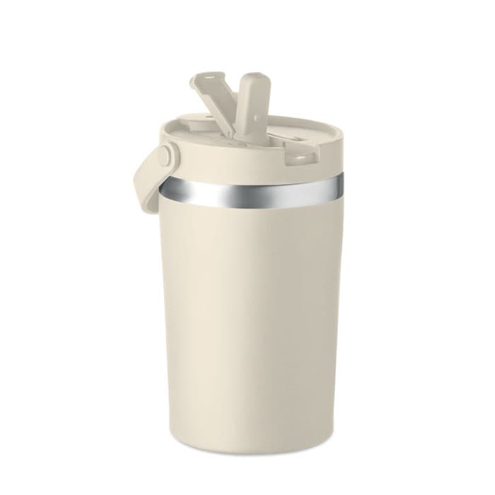 A drink bottle in a soft cream colour with a silver accent and a flip-top lid. It features a logo.