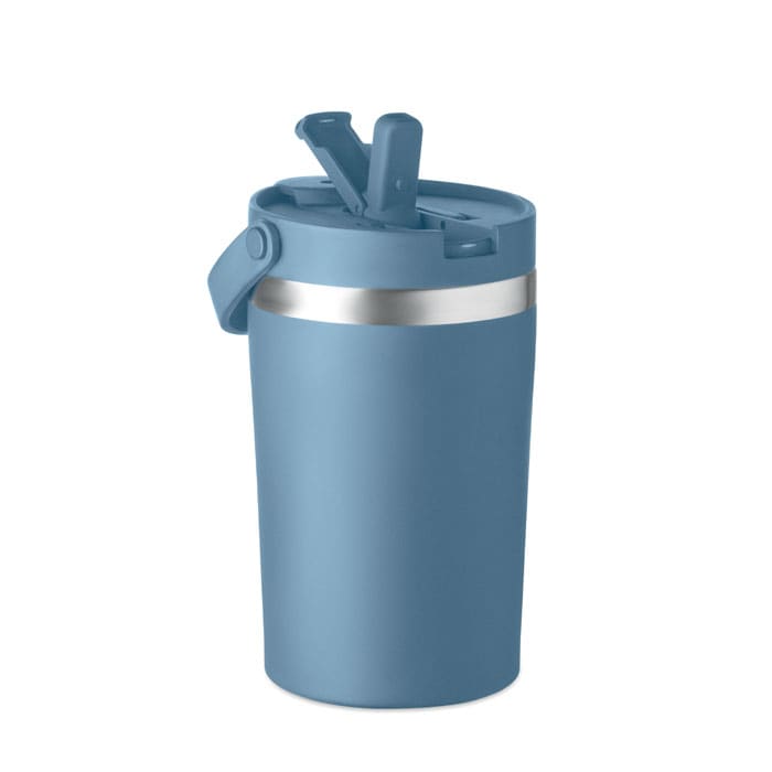 A drink bottle in a blue colour with a silver band, featuring a lid and two spouts, including a branding logo.