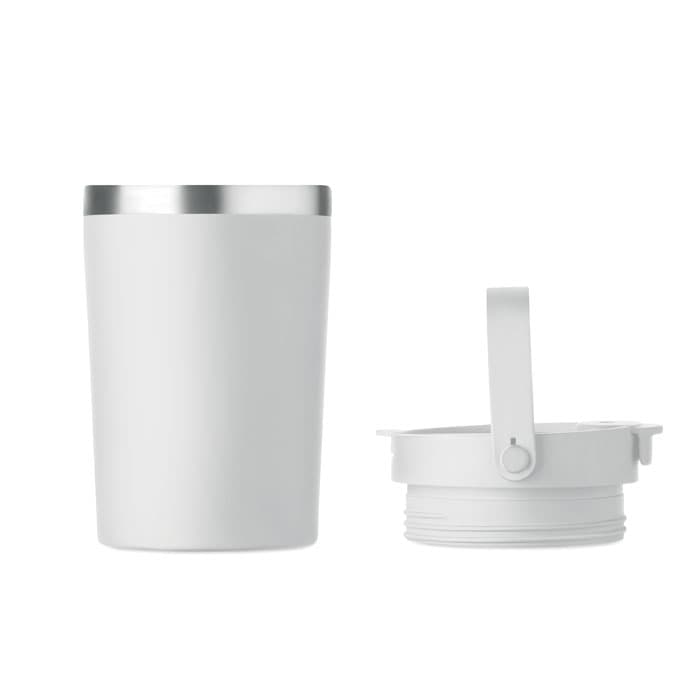 A drink bottle in white with a silver accent and a detachable lid. The lid features a convenient handle.