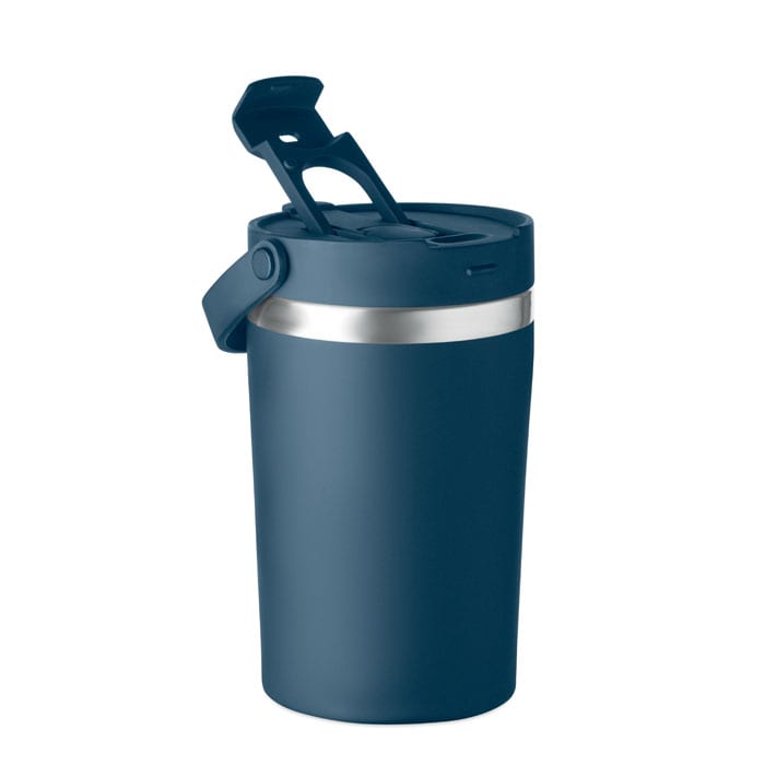 A drink bottle in navy blue with a silver band and a flip lid, featuring a handle and a logo.