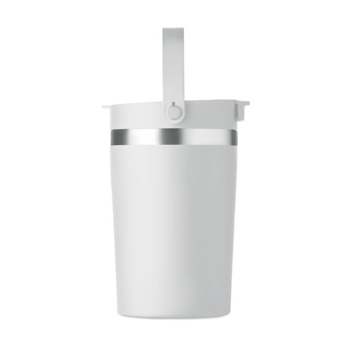 A drink bottle in white with a silver band and a handle at the top. It features a logo.