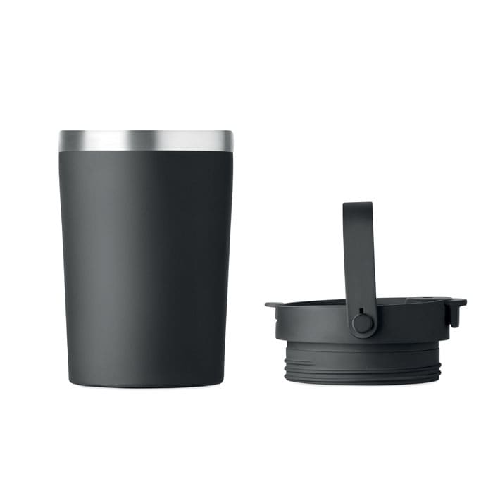 A drink bottle in matte black with a silver lid, displayed with a separate black lid attachment.