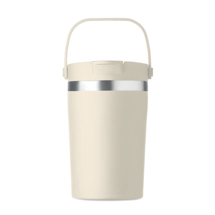 A drink bottle in a cream colour with a stainless steel band and a handle. It features a lid and has a logo.