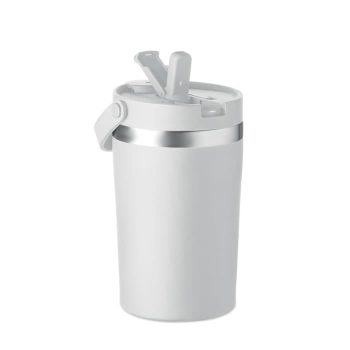 A drink bottle in white with a silver band and a flip-top lid. It features a logo on the side.