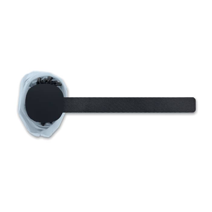 A drink bottle with a black base and a grey cap, featuring a black strap for easy carrying.