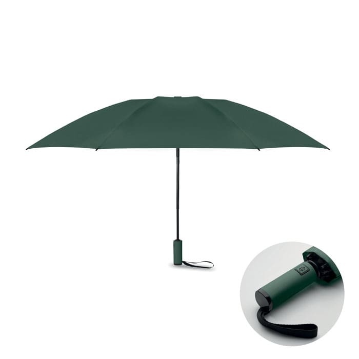 A green umbrella with a black handle and a compact design for easy storage. It features a logo on the handle.