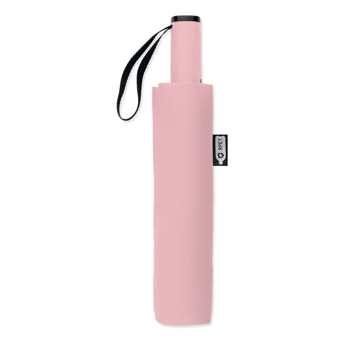 A pink umbrella with a compact design, featuring a handle and a strap for easy carrying.