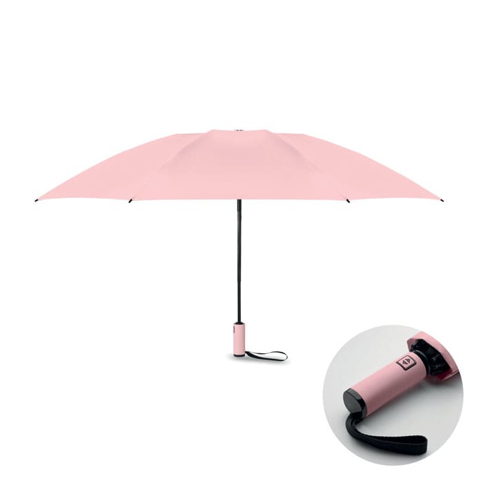A pink umbrella with a black handle, featuring a compact design for easy storage and portability.