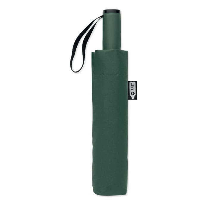 A green compact umbrella with a handle and a strap, featuring a logo on the side.