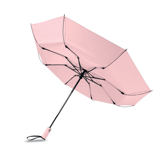 A pink umbrella with a black frame and handle, featuring an open canopy. It has a compact design for easy storage.
