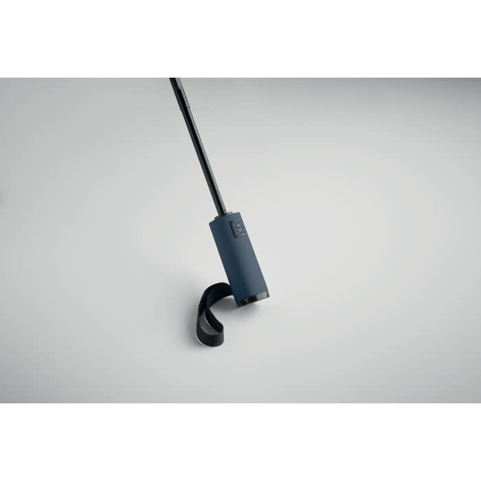 A drink bottle in navy blue with a black straw and a sleek design, featuring a logo on the body.
