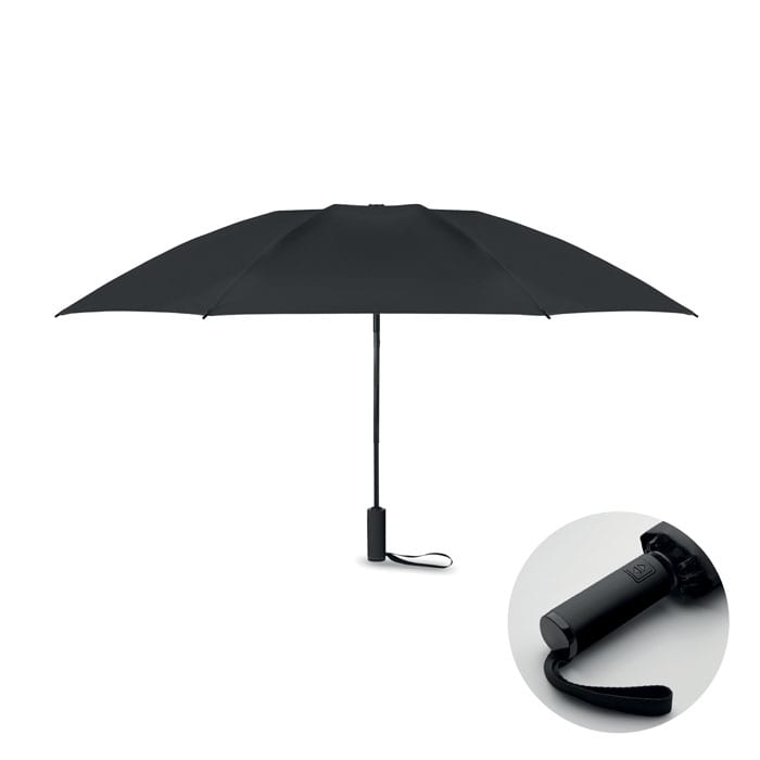 A black umbrella with a handle and a wrist strap, featuring a compact design for easy carrying.