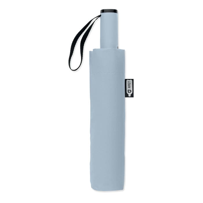 A compact light blue umbrella with a black handle and strap, folded and ready for storage. It features a logo on the side.