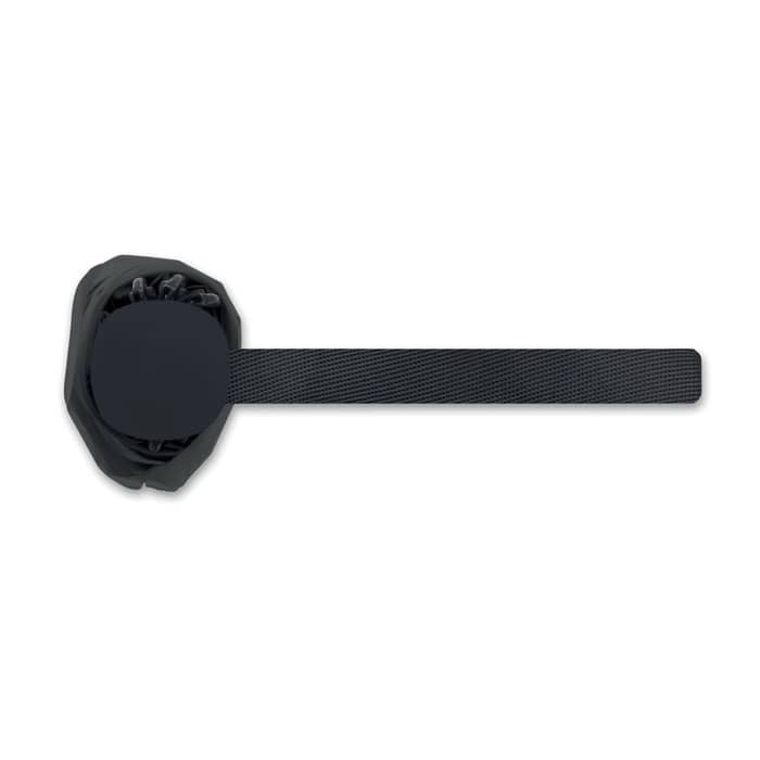 A black promotional product with a detachable strap, featuring a compact design and a smooth finish.