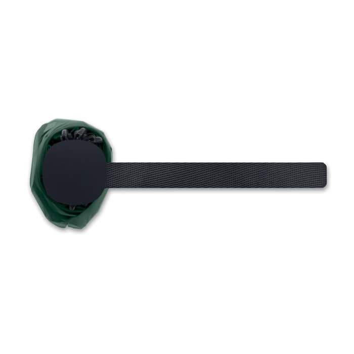 A drink bottle in a dark green cover with a black base and a textured strap. It features a logo.