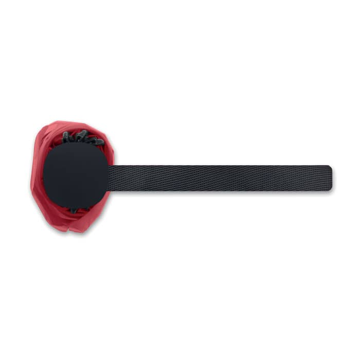 A drink bottle in red with a black strap and a round base, featuring a textured design.