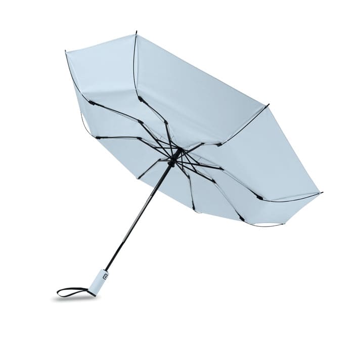A light blue umbrella with a black frame and handle, featuring multiple ribbing for support.