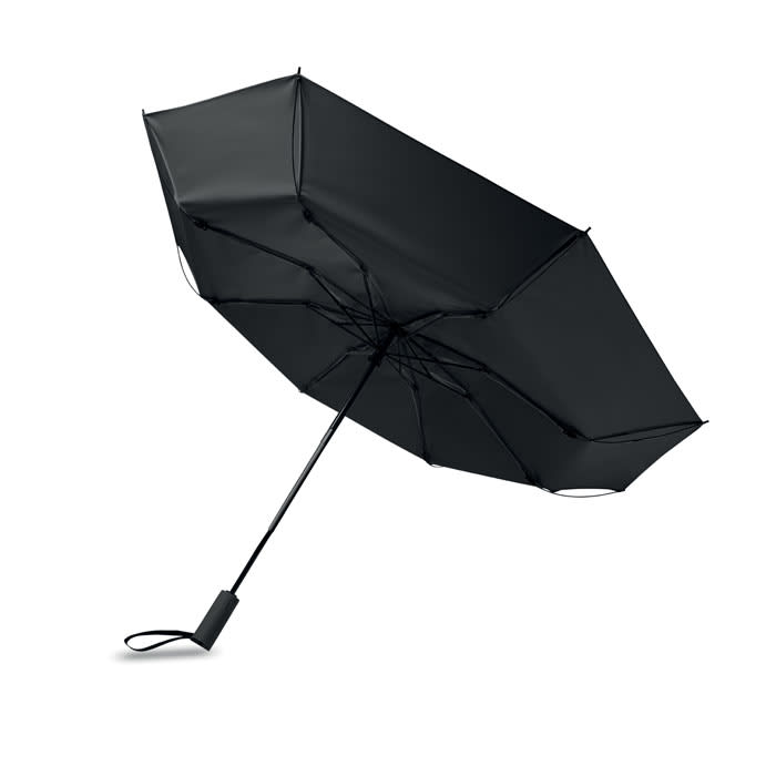 A black umbrella with a straight handle and a compact design, featuring a logo on the handle.