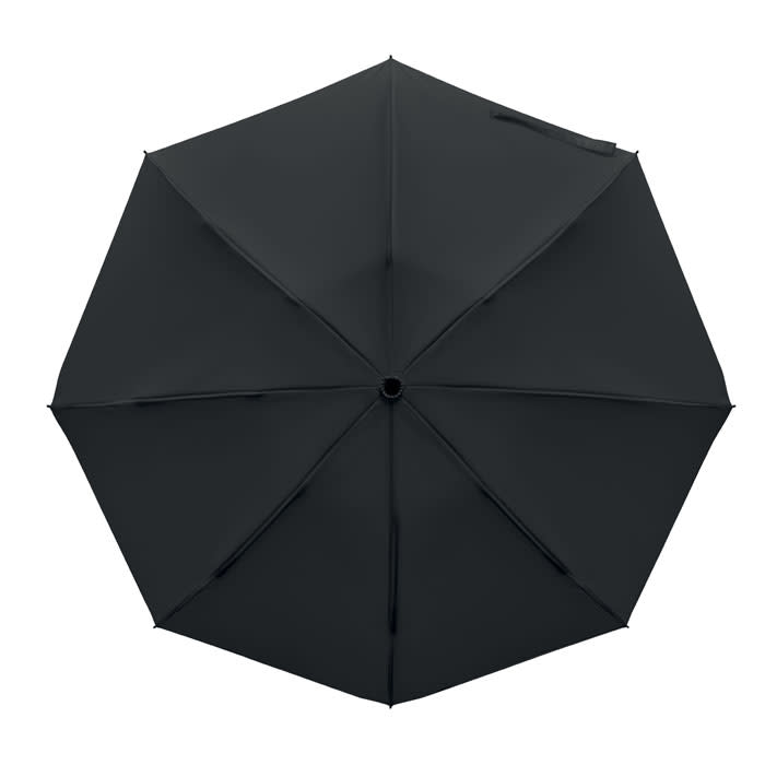 A black umbrella with a simple design, featuring an octagonal shape and a central opening mechanism.