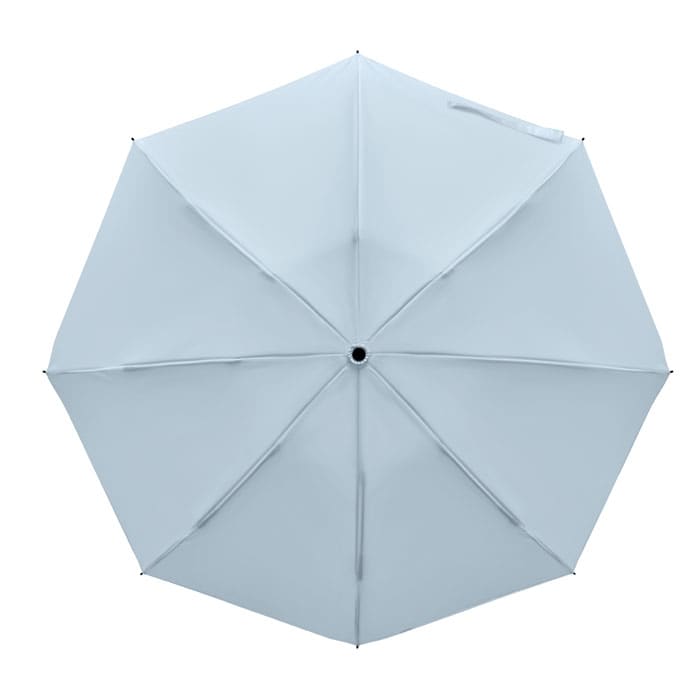 A light blue umbrella with a sleek design and a central opening mechanism, featuring a branding logo.
