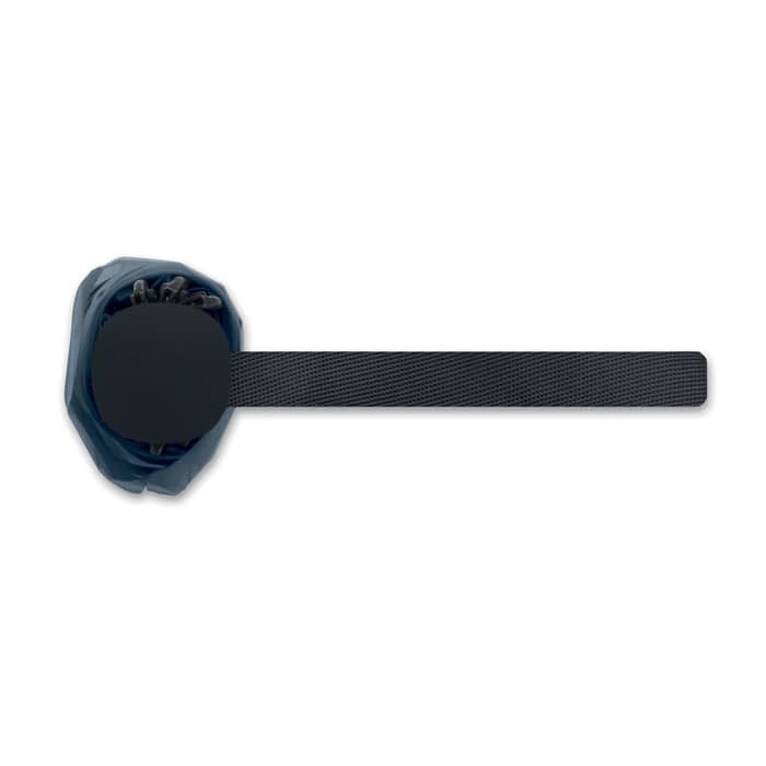 A drink bottle in a navy blue sleeve with a black strap and a circular base, featuring a logo.