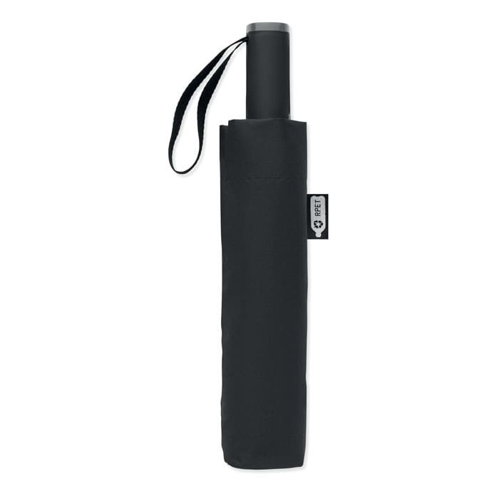 A black umbrella in a matching protective sleeve with a strap, featuring a small logo on the sleeve.