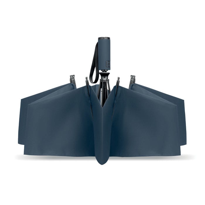 A drink bottle with a navy blue design, featuring a smooth finish and a strap for easy carrying. It has a logo.