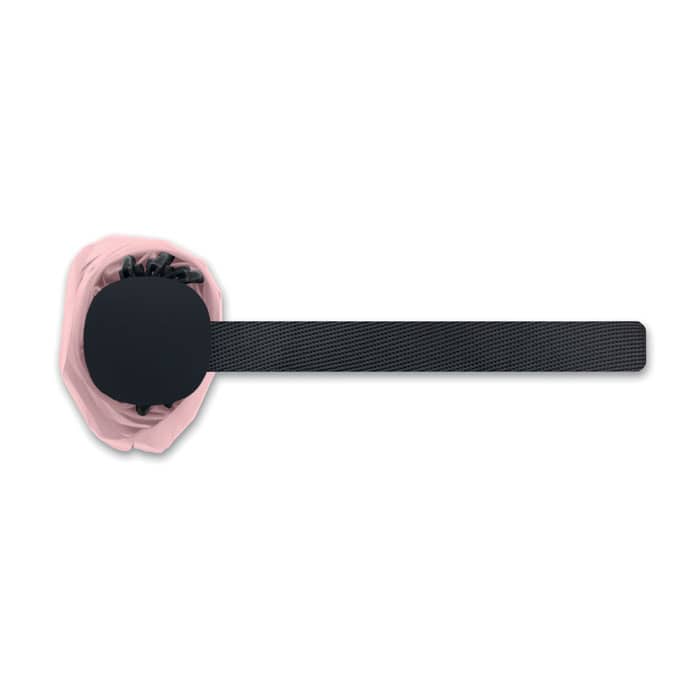 A drink bottle in a pink cover with a black strap and a round base. The design appears simple and sleek.