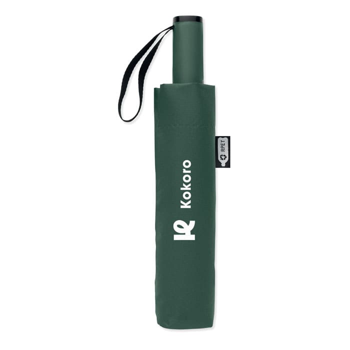 A dark green umbrella with a black handle, featuring a logo and a carrying strap.