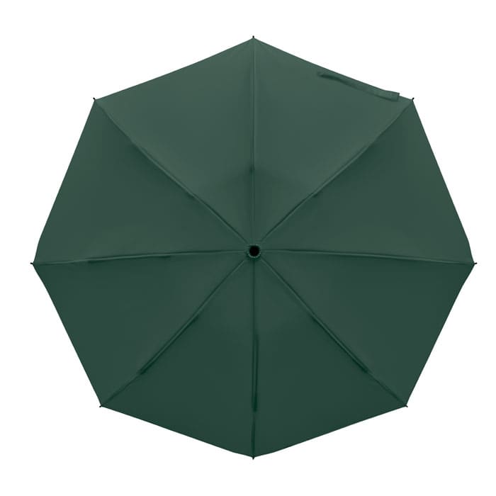 A green outdoor umbrella with a wide canopy, featuring a central pole and eight panels.