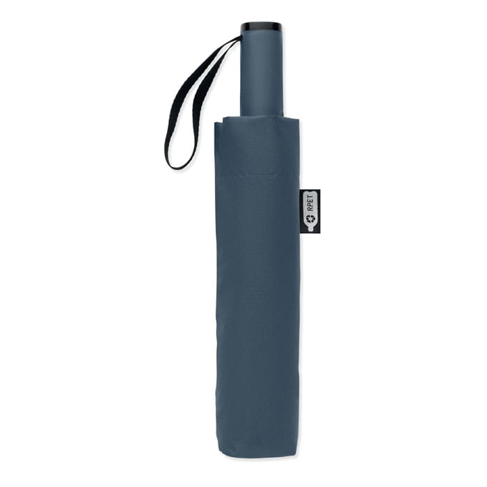 A compact navy umbrella with a black handle and wrist strap, featuring a branding tag.