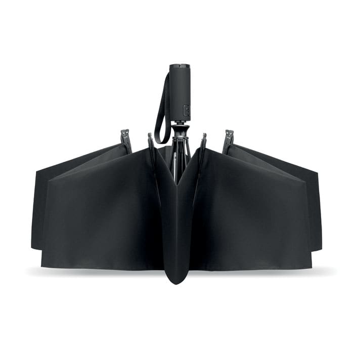 A black umbrella with a unique design, featuring multiple panels and a handle for easy grip.