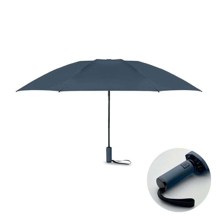 A dark blue umbrella with a straight handle and a compact storage feature. It includes a logo on the handle.