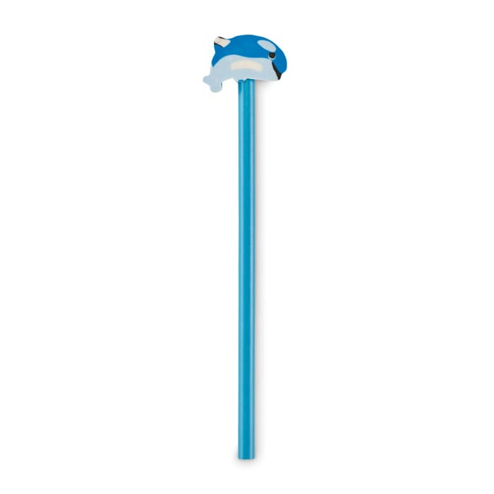 A blue pencil with a dolphin-shaped topper. The pencil is bright and features a playful design.