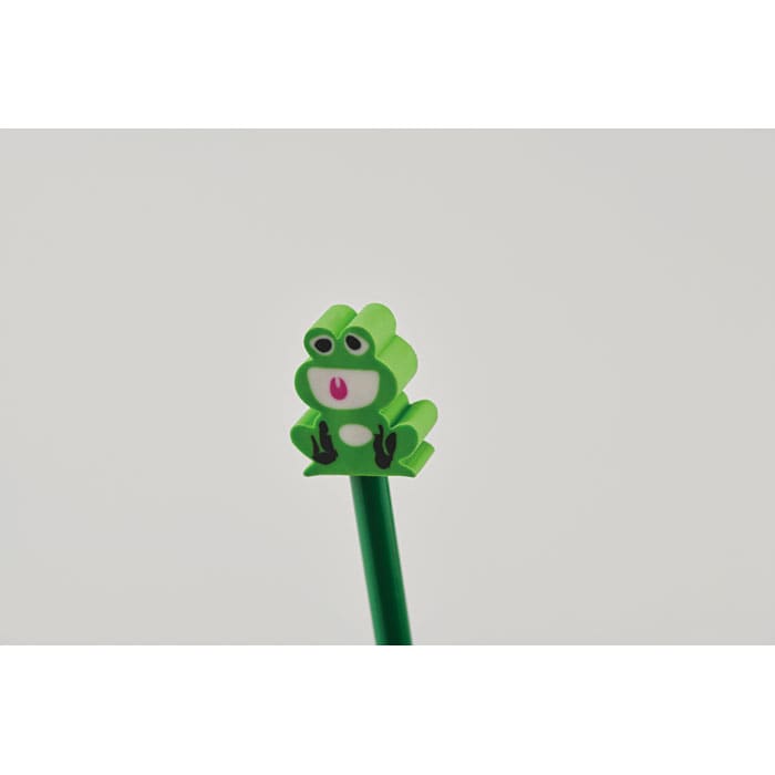 A green pencil with a frog-shaped eraser on top, featuring a cheerful expression and a vibrant design.