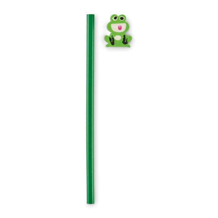 A green drinking straw featuring a frog design at the top. The straw is long and straight.